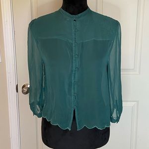 NORDSTROM SHEER GREEN BUTTON DOWN BLOUSE SIZE: M
